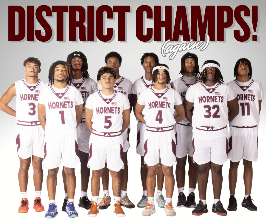 Team photo of the boys basketball team wearing white Hornets uniforms, standing in two rows against a light background. Above them is large text reading “District Champs!” with the word “again” written underneath, celebrating their back-to-back district championship.