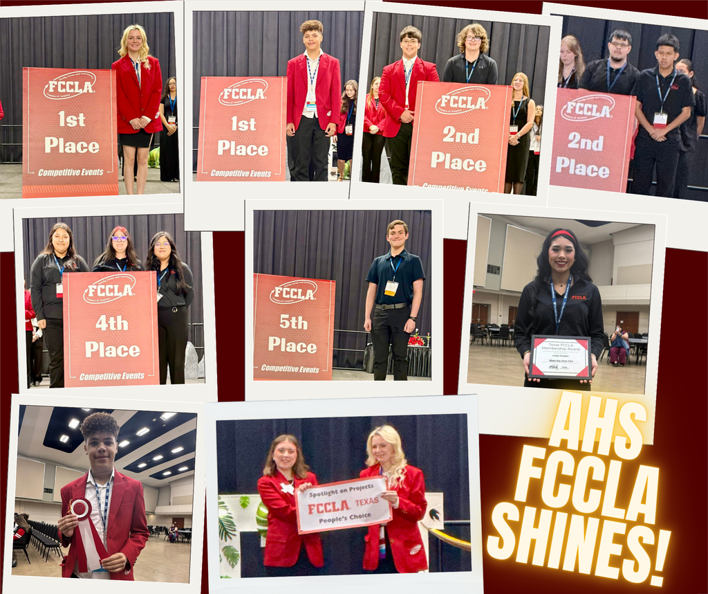 Collage of Athens ISD FCCLA students at competition holding first, second, fourth, and fifth place signs and awards, including a People’s Choice recognition, with a bold graphic reading “AHS FCCLA Shines!” highlighting their success in Waco.