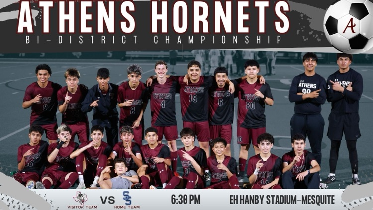 Image shows members of the boys soccer team dressed in their jerseys gathered together. Text on the photo include same information repeated in text of the post