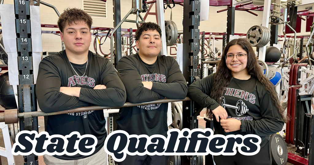 Two teenaged boys and one teenaged girl stand in a weighlifting room wearing Athens State Qualifier shirts with image of barbell visible on one. They all smile. Words on photo read: State Qualifiers