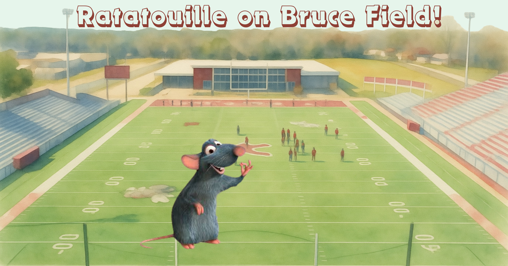 Promotional graphic for “Ratatouille on Bruce Field!” showing a football field with bleachers and a large image of Remy from *Ratatouille* standing near midfield. A few small figures are scattered in the background on the field. The title appears in large maroon letters across the top.
