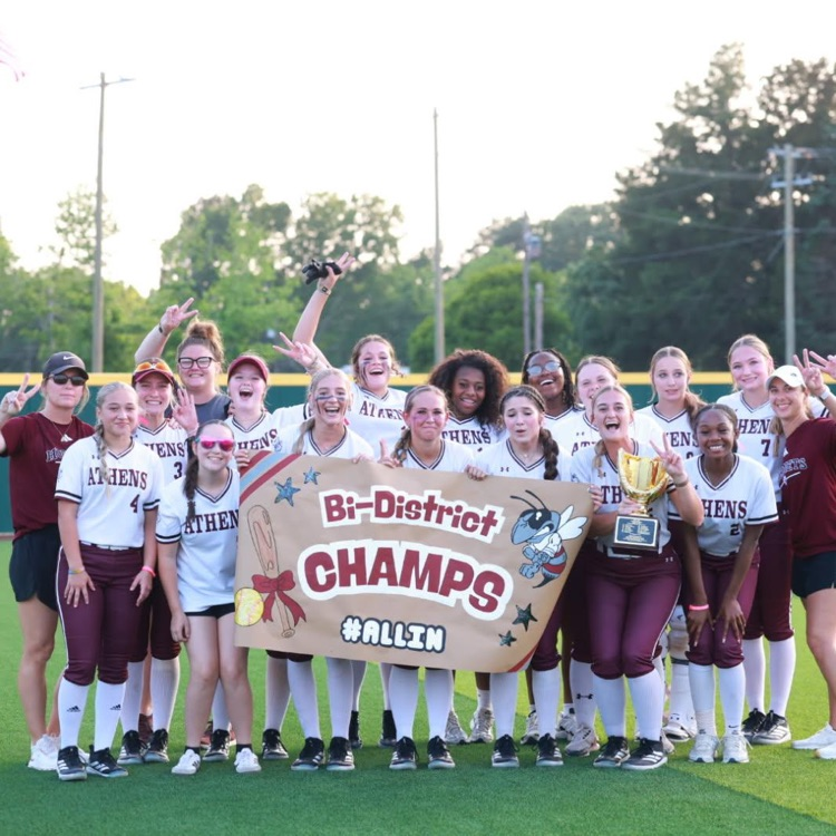 The lady Hornets hold a sign that says by district champs