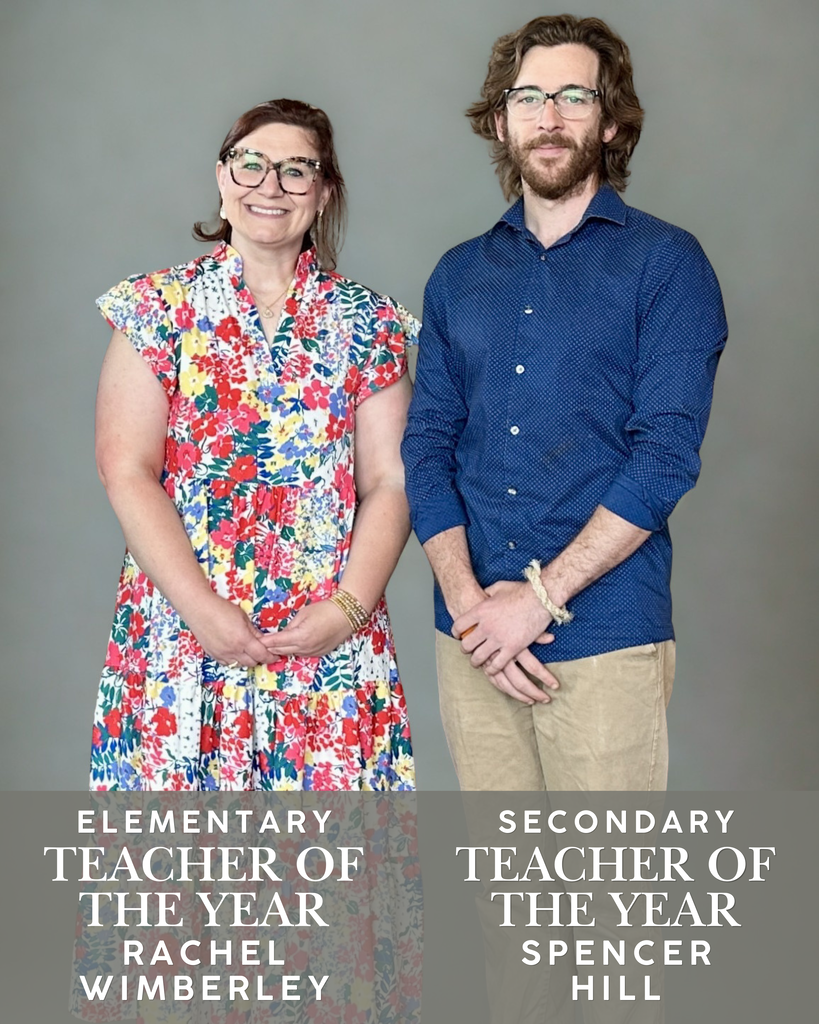 Photo of Athens ISD Teachers of the Year Rachel Wimberley and Spencer Hill standing side by side against a gray background. Wimberley, the Elementary Teacher of the Year, is wearing a colorful floral dress and smiling at the camera. Hill, the Secondary Teacher of the Year, is wearing a blue button-down shirt and khaki pants. Text at the bottom of the image identifies each educator and their award title.