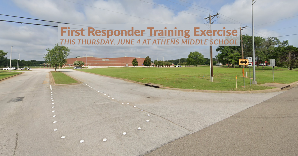 Street-view image of Athens Middle School with a large translucent banner reading “First Responder Training Exercise” and “This Thursday, June 4 at Athens Middle School.”