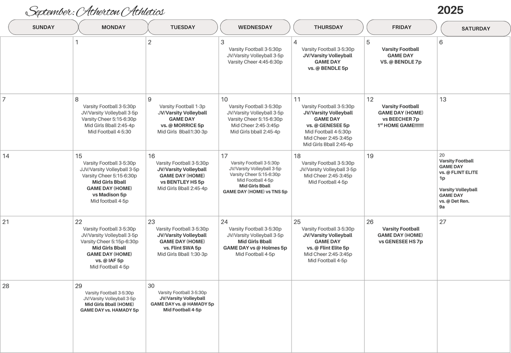 AJSHS September Sports Schedule 