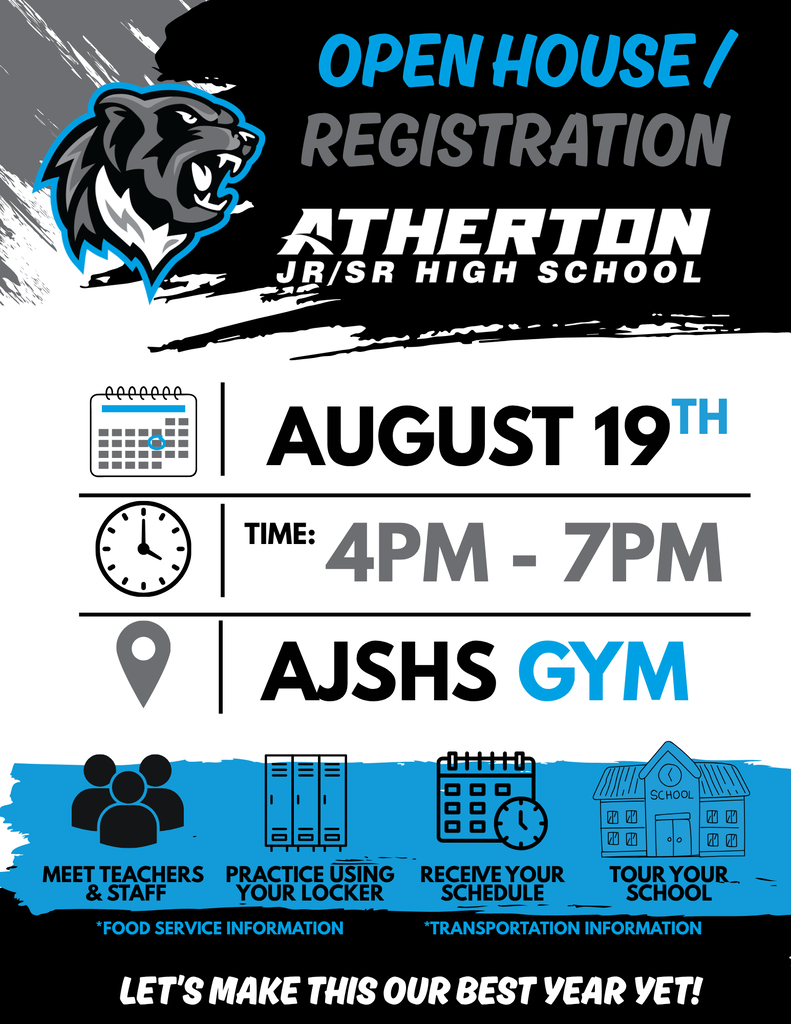 Open House/ Registration AJSHS August 19th 2026 Time: 4pm-7pm in the AJSHS Gym. 