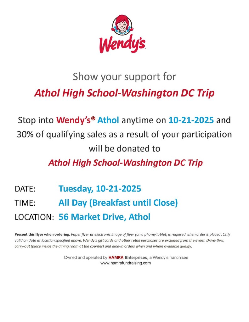 Class of 2028 Washington DC Trip Wendys fundraiser flyer