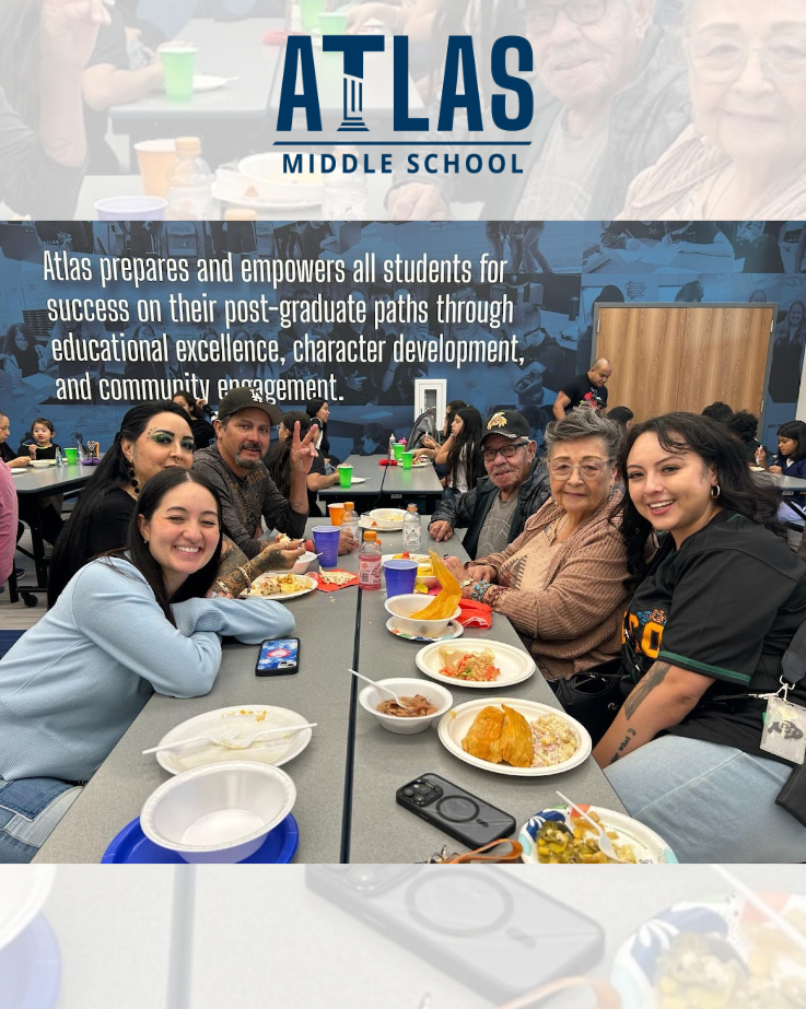 families smile with food and atlas mission in background