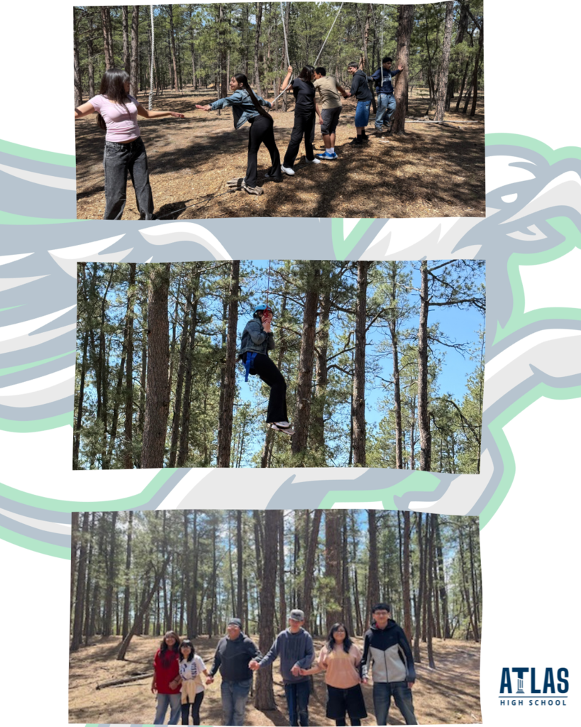 Students stand at ropes course
