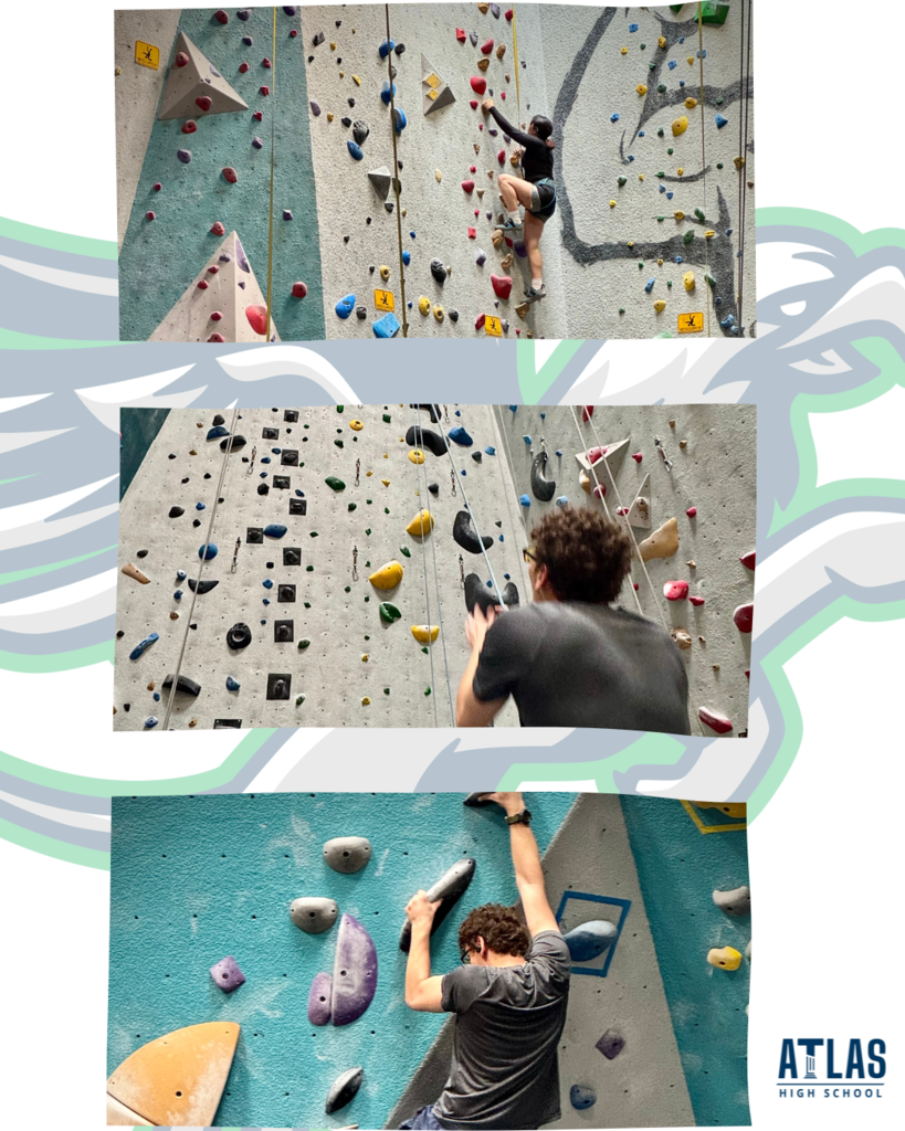 Students at rock climbing gym
