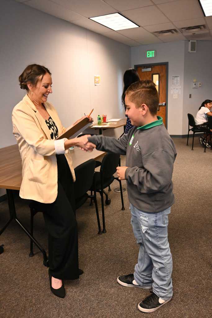 student shakes hands with professional