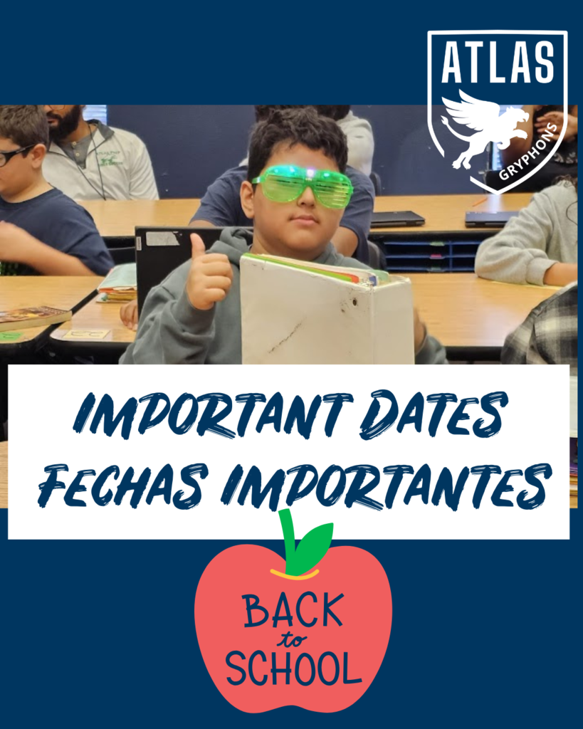 important dates fechas importantes with apple that says back to school and a student giving a thumbs up
