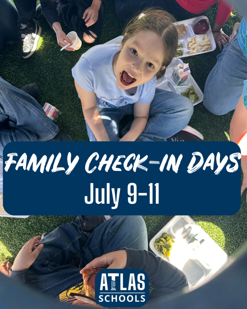 student is surprised with words family check-in days July 9-11 and school logo
