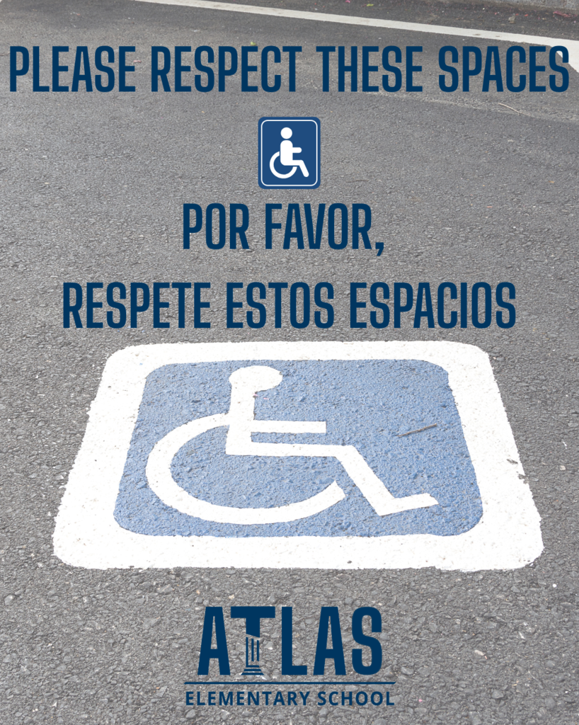please respect these spaces, por favor repete estos espacios with handcapped symbol on parking lot