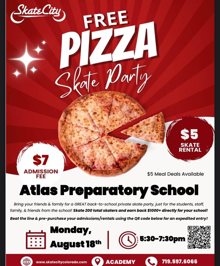 fee pizza skate party. August 18 530-730pm. $5 skates, $7 admission