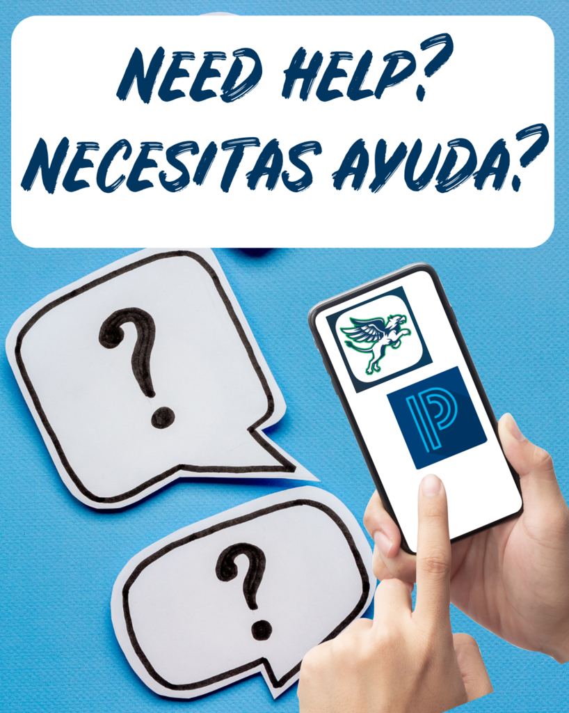 need help? necesitas ayuda? with phot of apps on phone