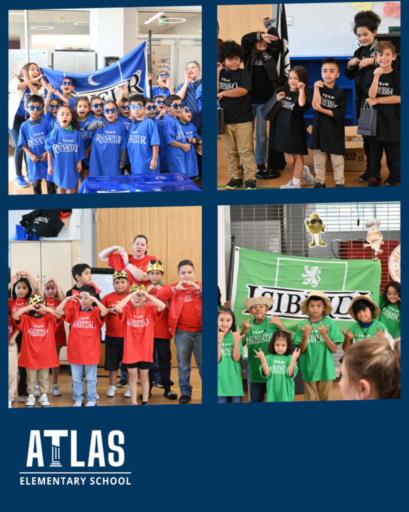 four photos of students in each house, blue, black, red and green