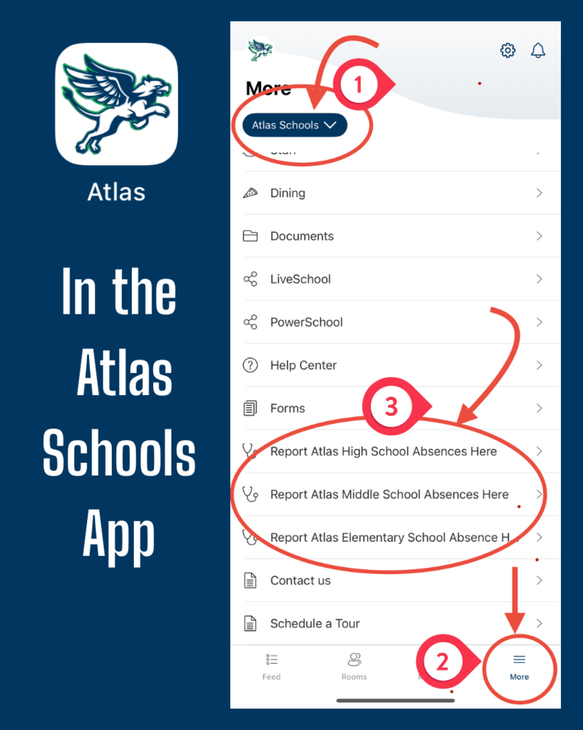 screenshot of app with step-by-step icons. first go to Atlas Schools, then to more in the bottom right and third click on the school for your stduent