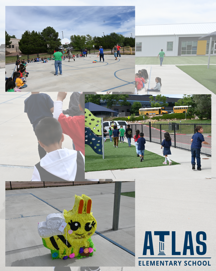 Atlas School logo with students walking outside with pinatas.