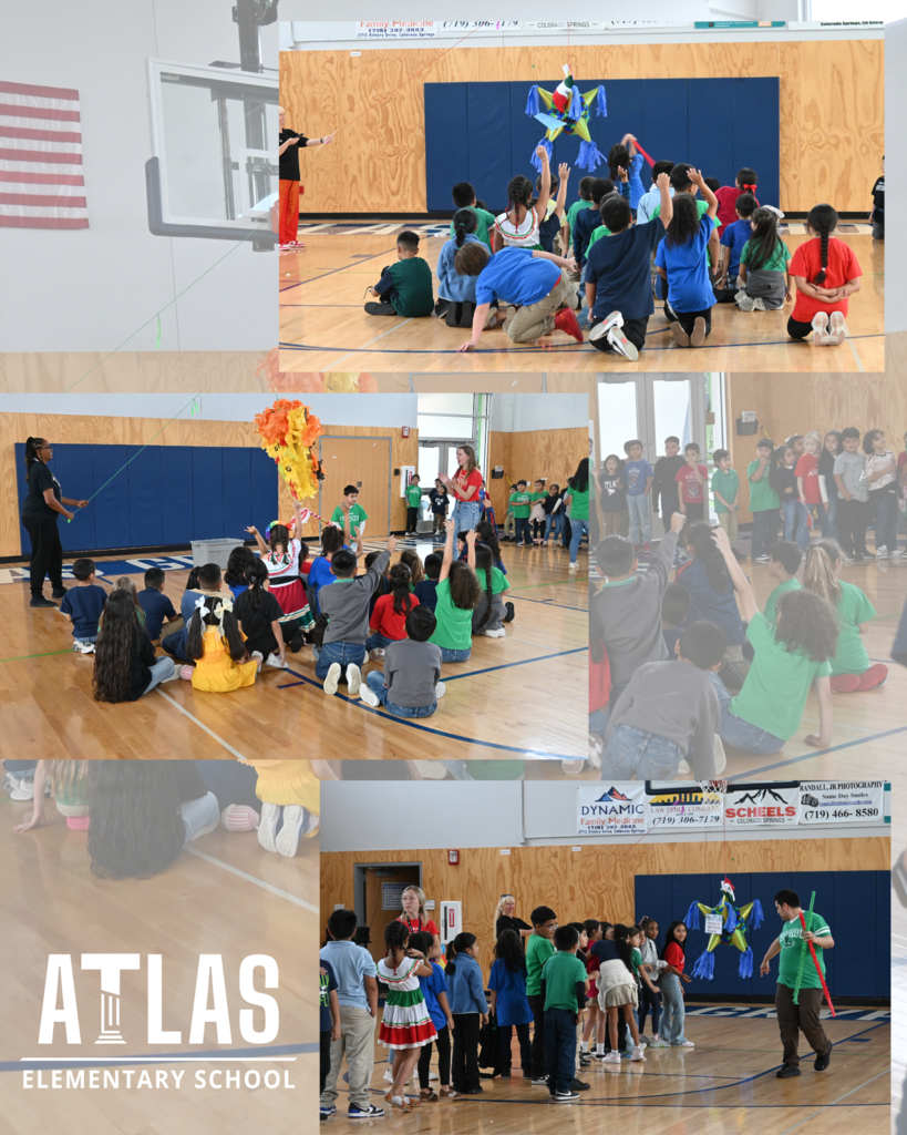 Atlas School logo with students lineing up to hit pinatas.