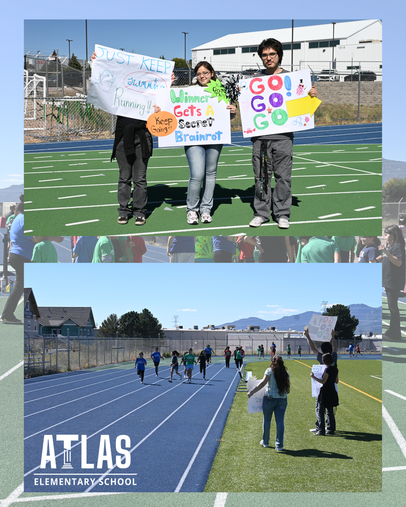 Atlas School logos with students running and cheering.