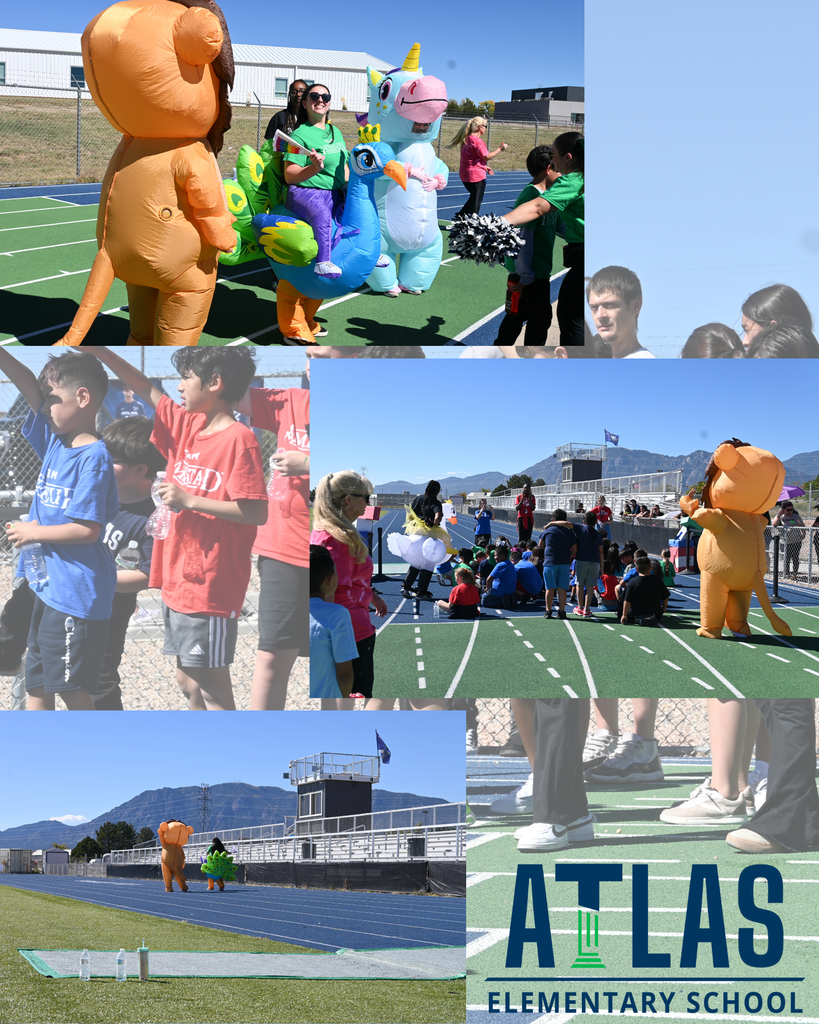 Atlas School logos with students running and cheering.