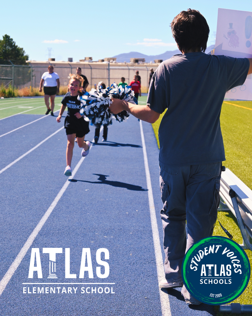 Atlas School logos with students running and cheering.