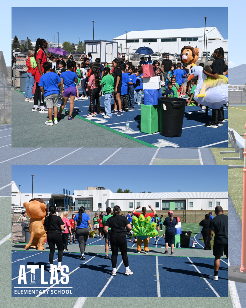 Atlas School logos with students running and cheering.