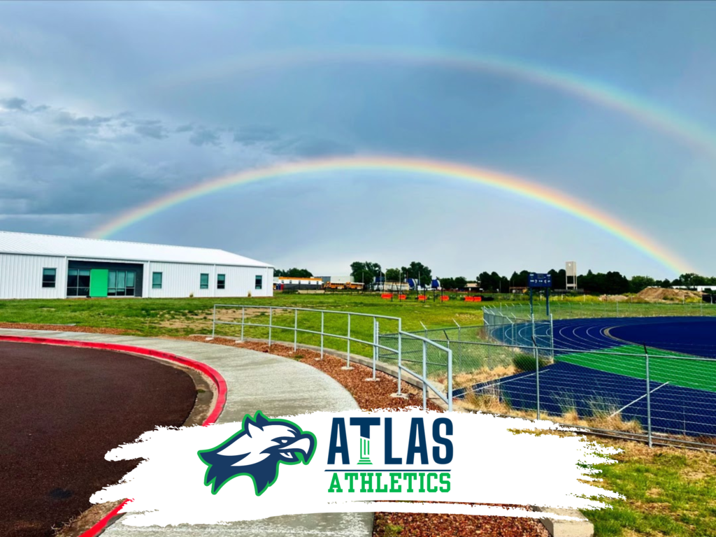 track field with double rainbow and Atlas Athletics logo