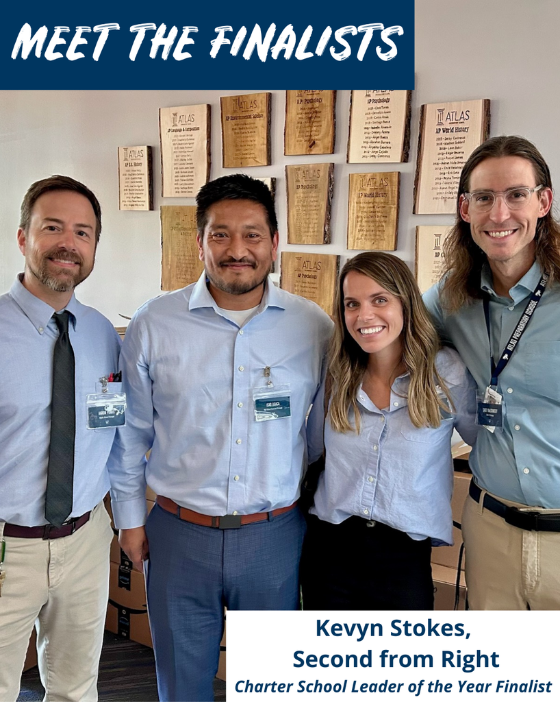 Kevyn Stokes stands with three Atlas Staff, charter school leader of the year finalist