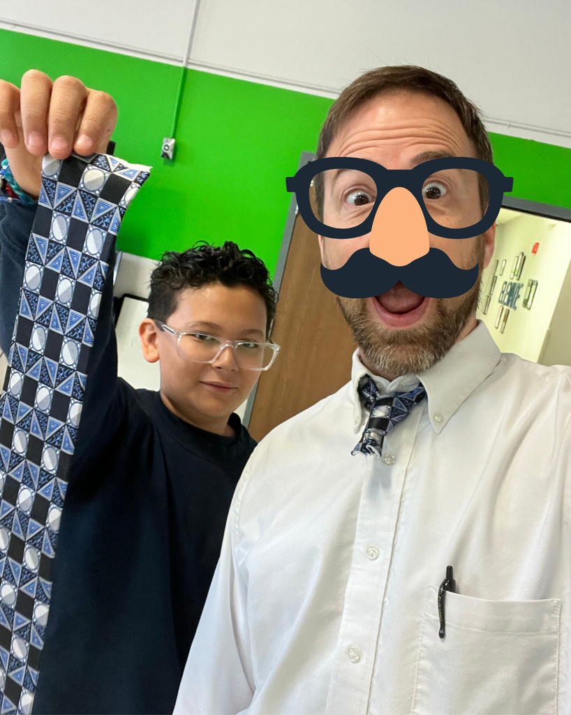 teacher and student smile with funny glasses and mustache graphic on teacher