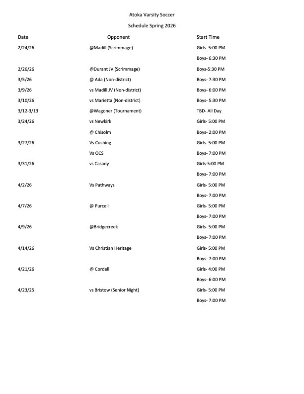 2026 Varsity Soccer Schedule
