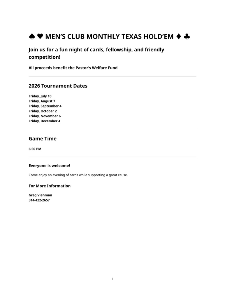 Men's Club Texas Hold'em July 10!