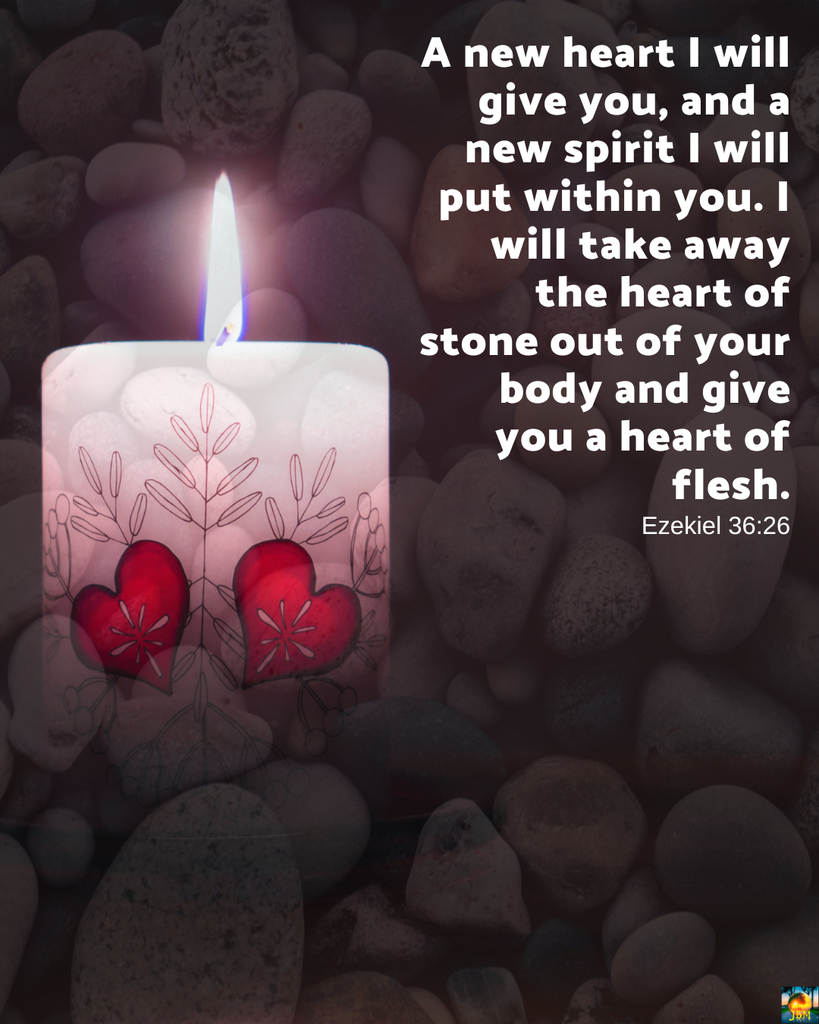 Heart embossed candle with a stone background; A new heart I will give you, and a new spirit I will put within you. I will take away the heart of stone out of your body and give you a heart of flesh. (Ezekiel 36:26)