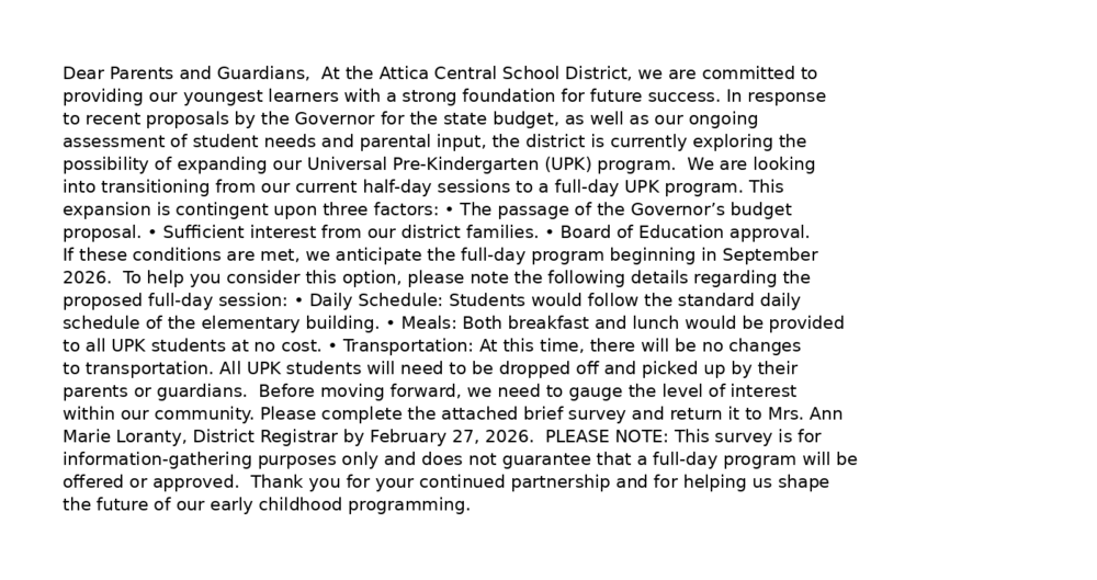 Parent Letter Re: UPK