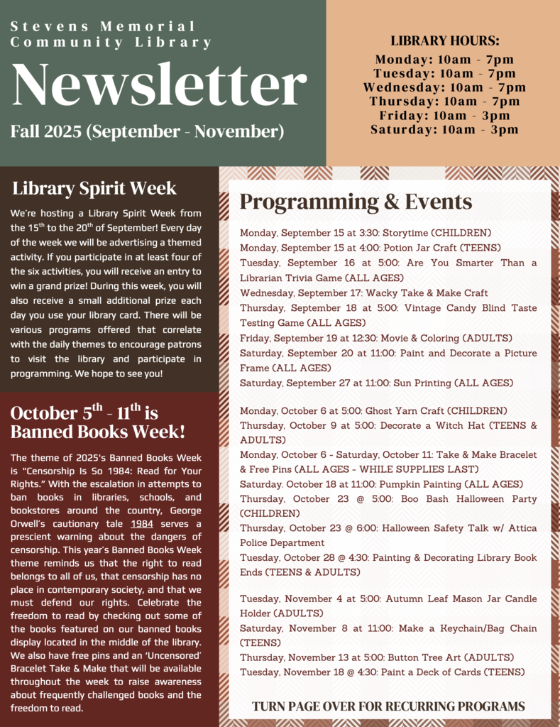 Stevens Memorial Community Library fall newsletter.