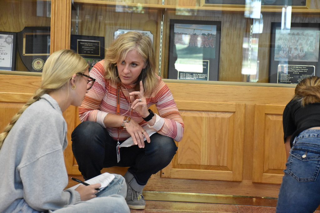 Scenes from Laura O’Donnell’s physics lesson on distance and displacement Friday afternoon. 