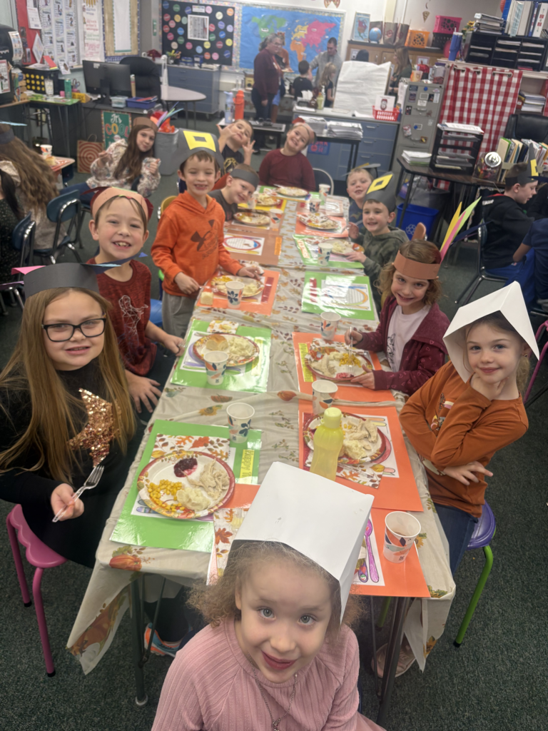 Scenes from Mrs. Cheryl Allein, Mrs. Deb Weber and Ms. Kamie Clark’s 3rd graders and Ms. Alyssa Allein’s first graders’ Thanksgiving feast on Tuesday.