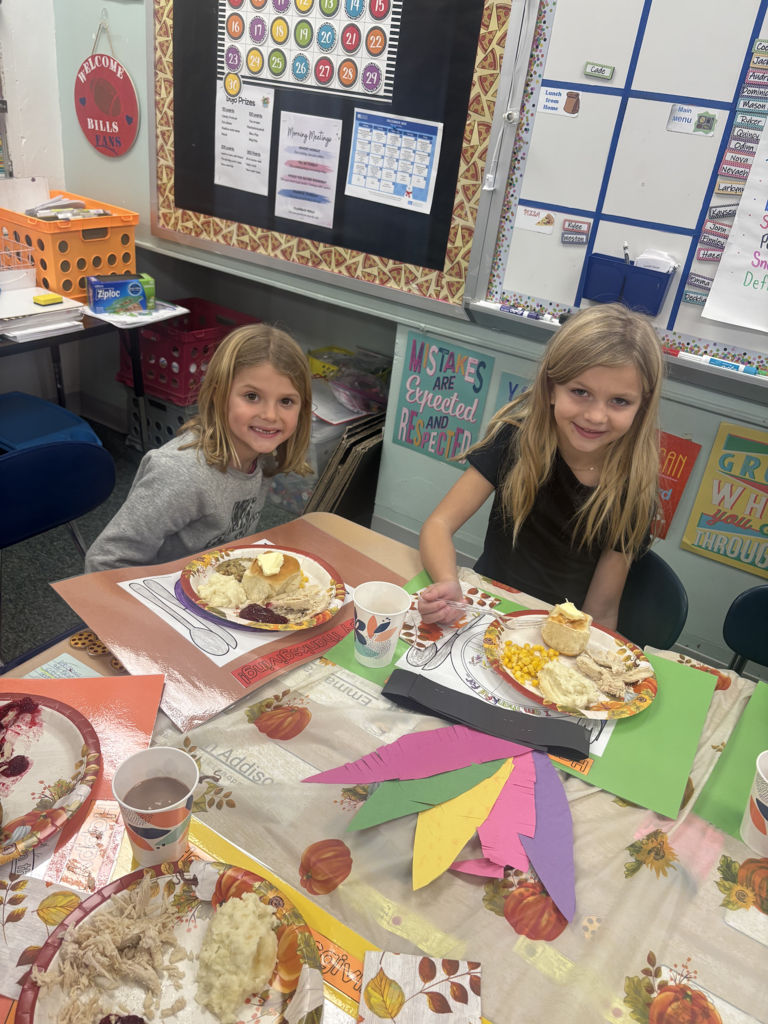 Scenes from Mrs. Cheryl Allein, Mrs. Deb Weber and Ms. Kamie Clark’s 3rd graders and Ms. Alyssa Allein’s first graders’ Thanksgiving feast on Tuesday.