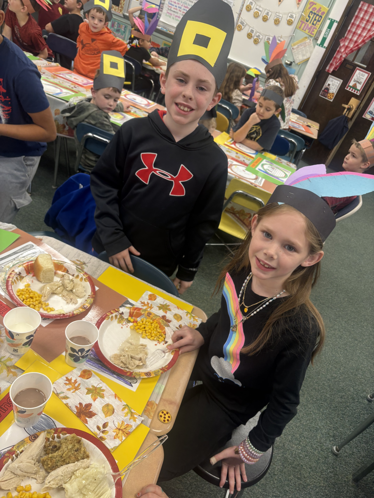 Scenes from Mrs. Cheryl Allein, Mrs. Deb Weber and Ms. Kamie Clark’s 3rd graders and Ms. Alyssa Allein’s first graders’ Thanksgiving feast on Tuesday.