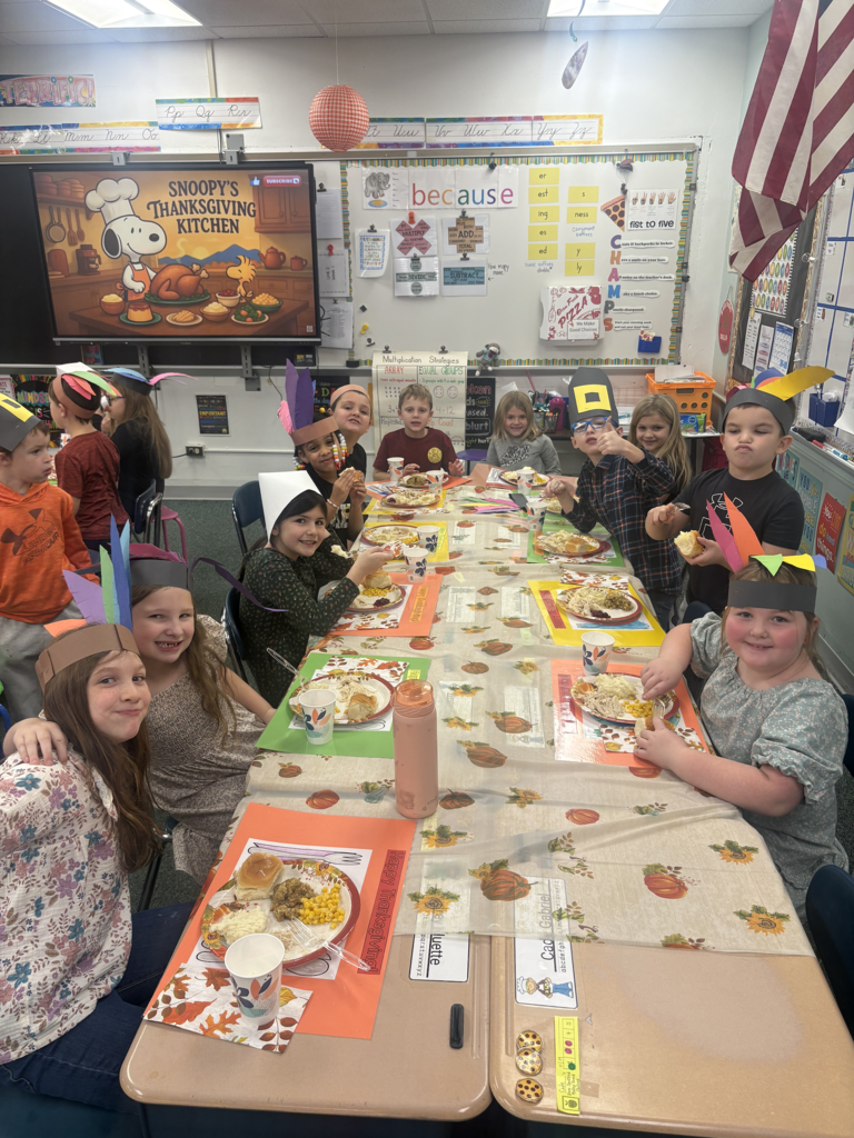 Scenes from Mrs. Cheryl Allein, Mrs. Deb Weber and Ms. Kamie Clark’s 3rd graders and Ms. Alyssa Allein’s first graders’ Thanksgiving feast on Tuesday.