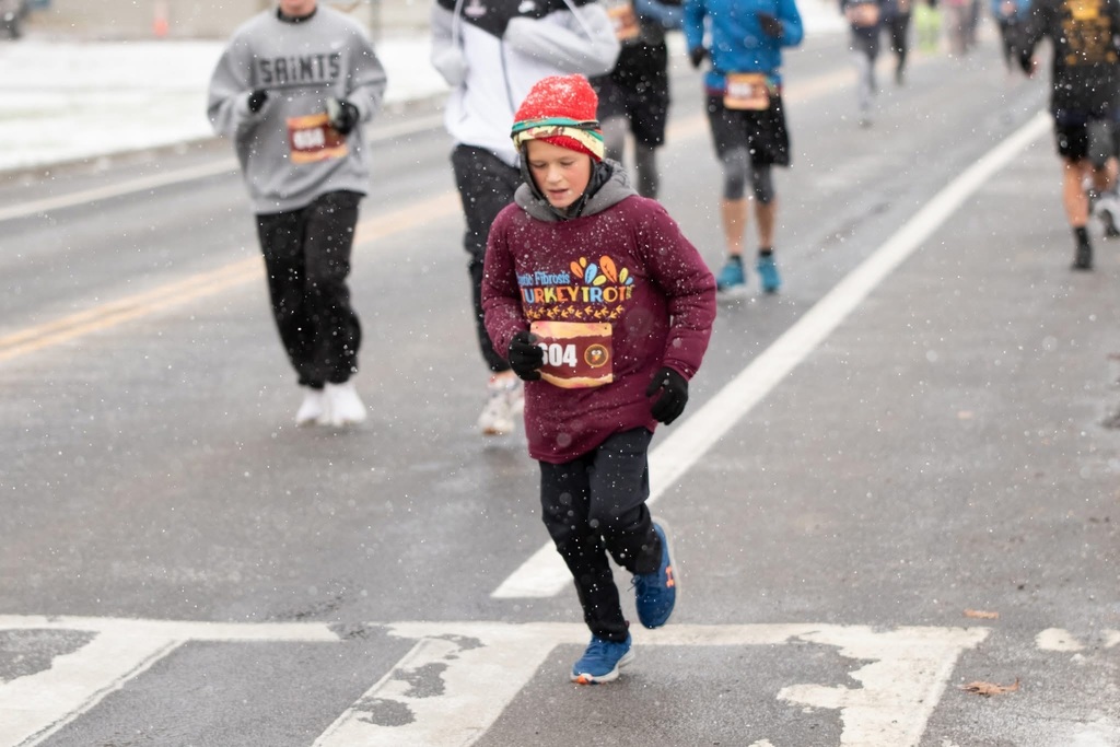 Attica fifth grader Everett Dominck is pictured competing in the village of Wyoming’s 13th annual Cystic Fibrosis Turkey Trot Thanksgiving morning.