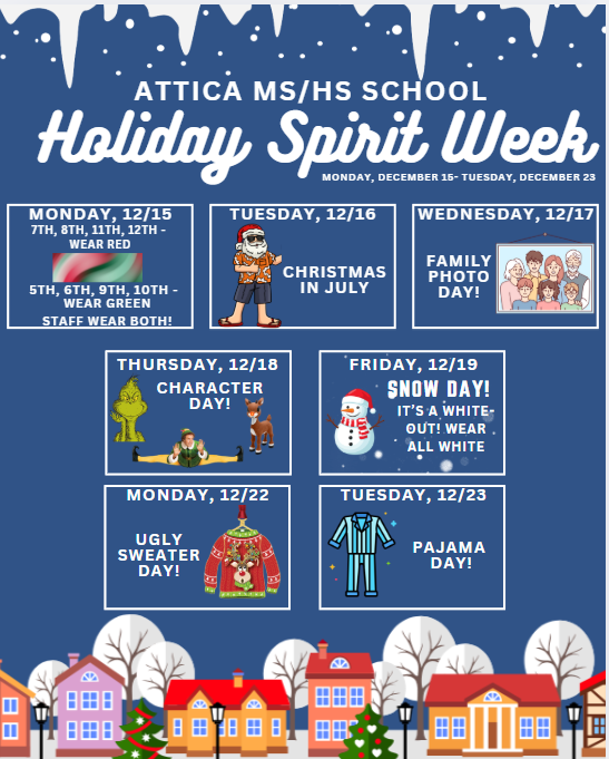 Holiday Spirit Week informational flyer.
