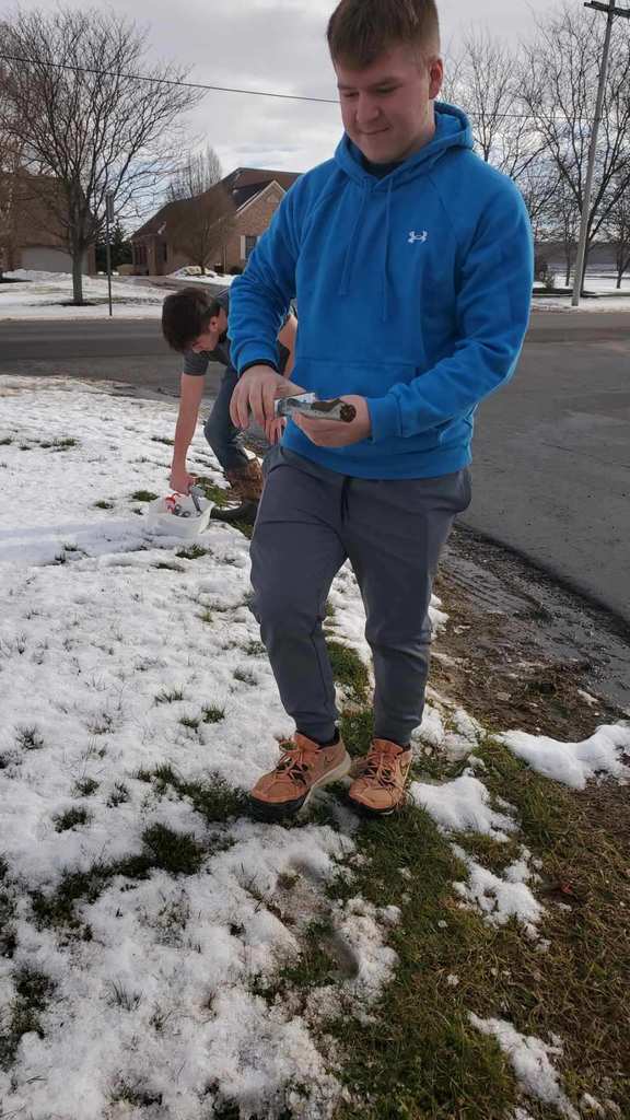 Jenna Linsey’s high school local outdoor sciences students are pictured collecting water and soil samples before winter recess. 