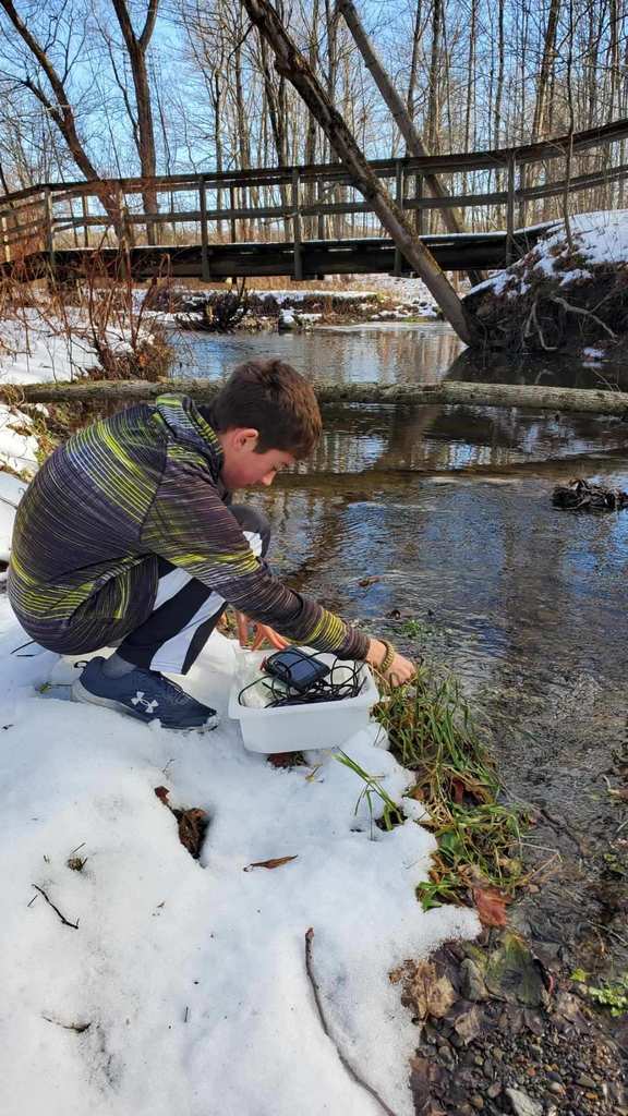 Jenna Linsey’s high school local outdoor sciences students are pictured collecting water and soil samples before winter recess. 