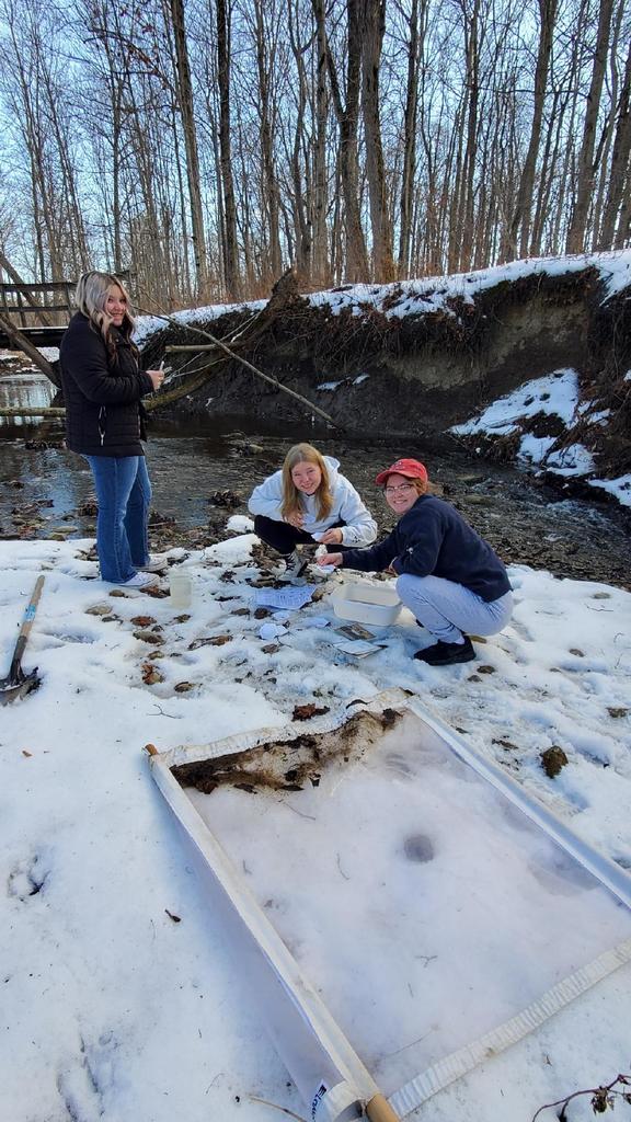 Jenna Linsey’s high school local outdoor sciences students are pictured collecting water and soil samples before winter recess. 