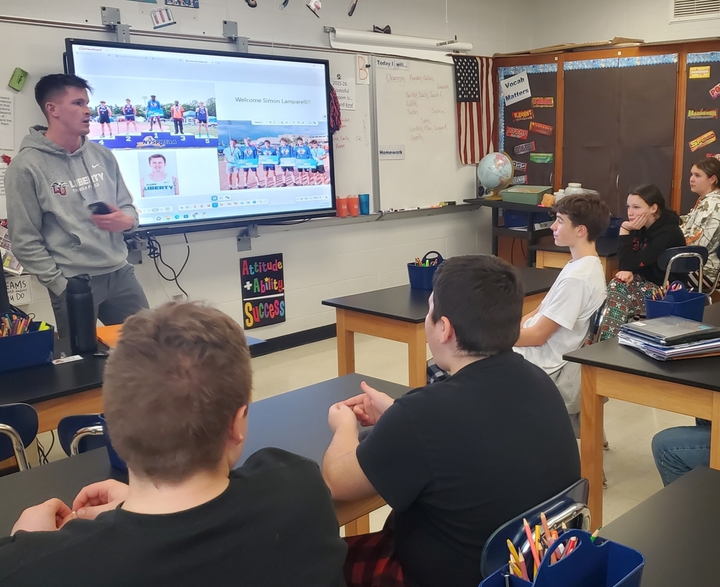 Attica alum Simon Lamparelli (Class of 2023) is pictured speaking with Mrs. Jenna Linsey’s  8th grade student-athletes Tuesday. 