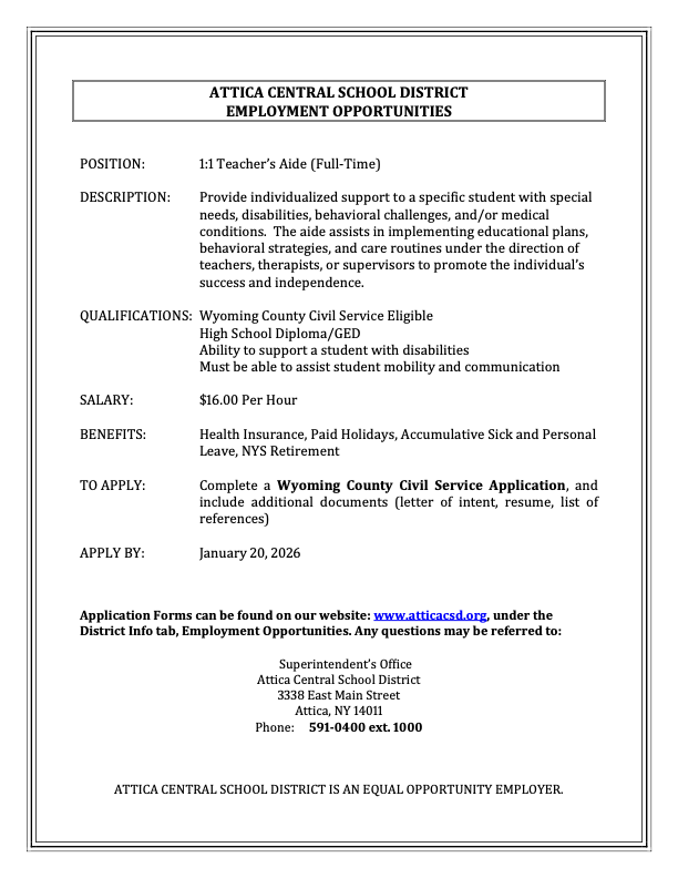 A description of an open position at Attica Central Schools.