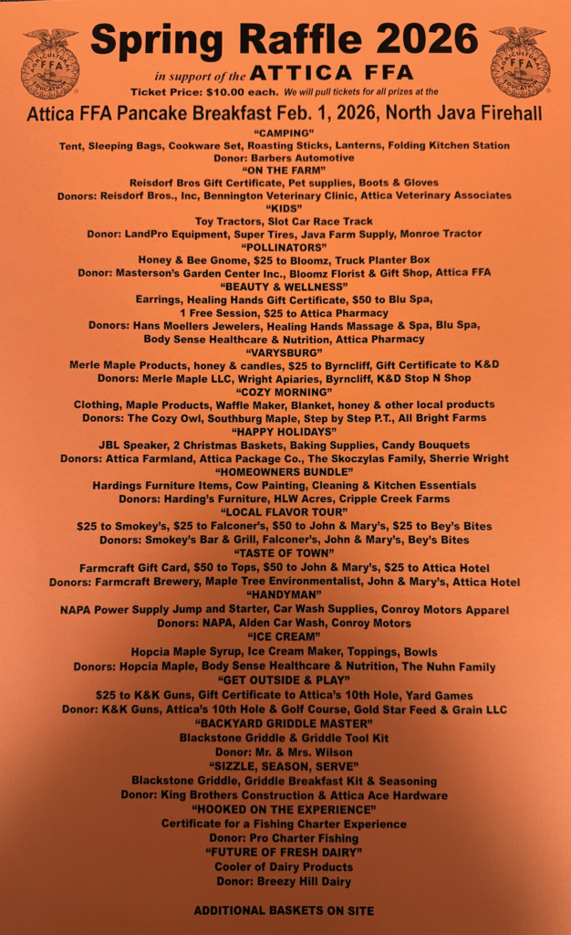 Attica Partners for Agriculture Spring Raffle informational flyer.