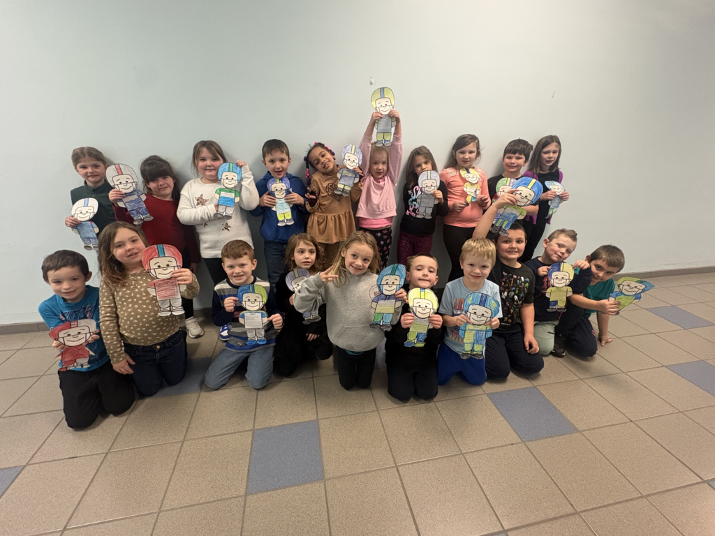 Scenes from the Super Bowl LX winner activity Ms. Alyssa Allein recently did with her first graders. 